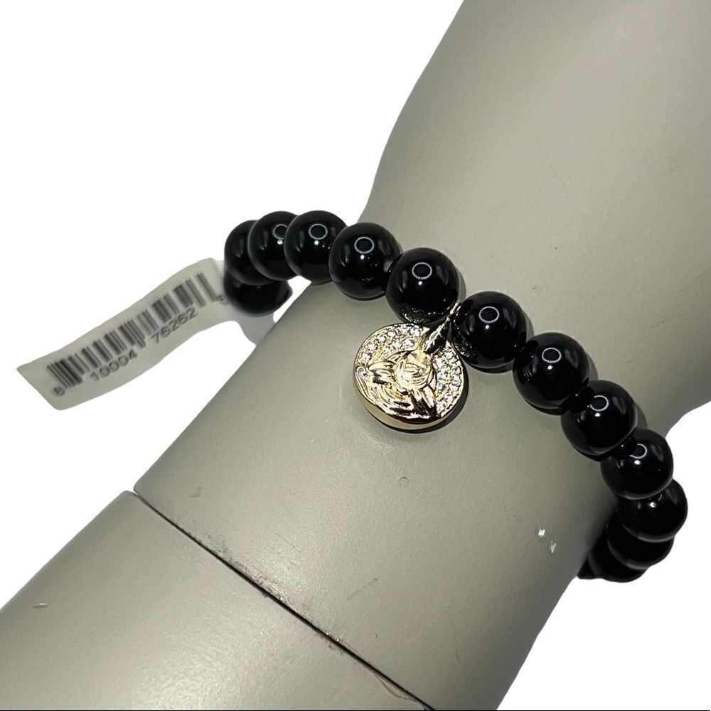 Kesi Jewels Macy's HE27 Black Onyx Gold-Tone Buddha Charm Bead Bracelet NWT